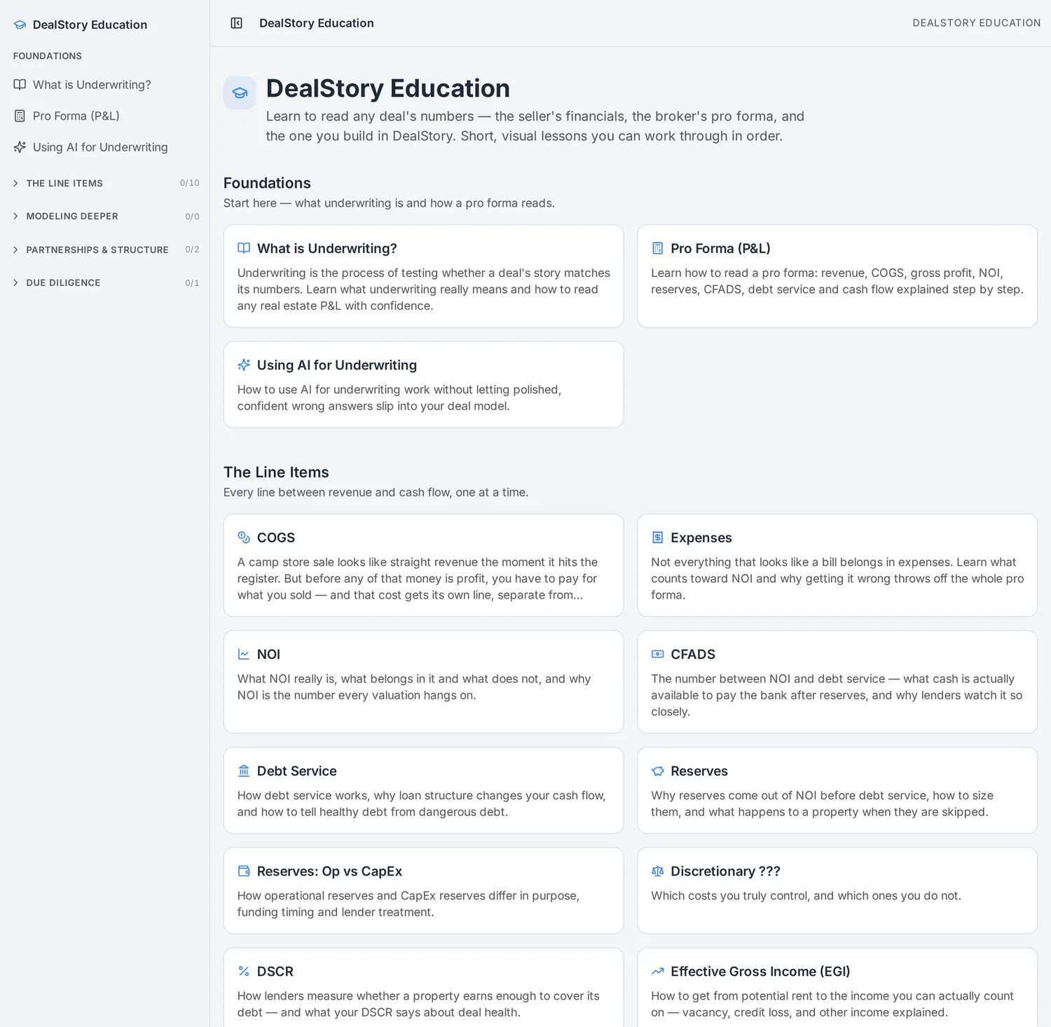 DealStory Education library with lessons on underwriting, pro formas, NOI, CFADS, debt service, reserves, DSCR, and deal structure
